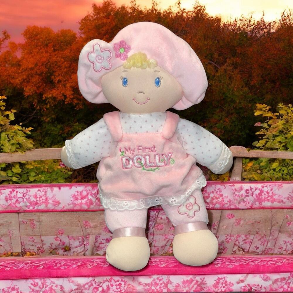 Baby Gund My First Dolly Plush 13" Stuffed Doll Pink Hat Blonde Hair Embroidered